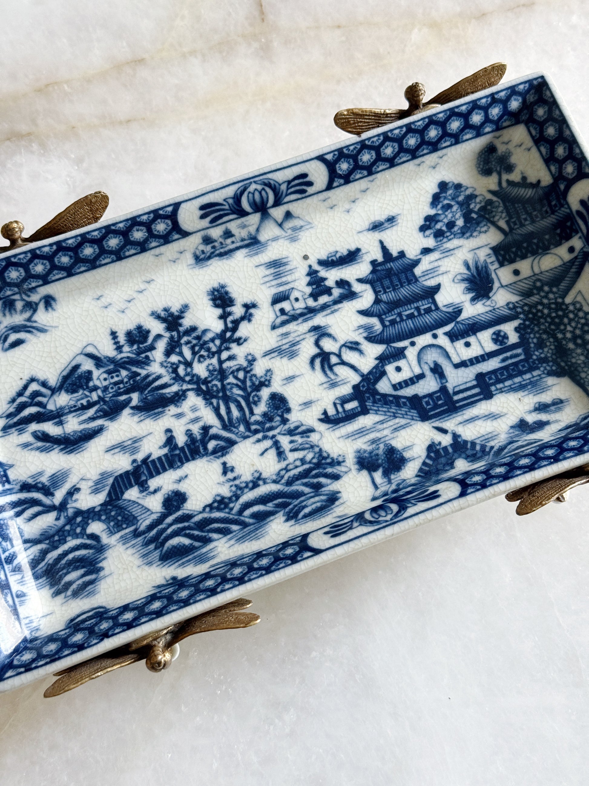 Blue & White Porcelain Tray with Bronze Dragonfly Feet