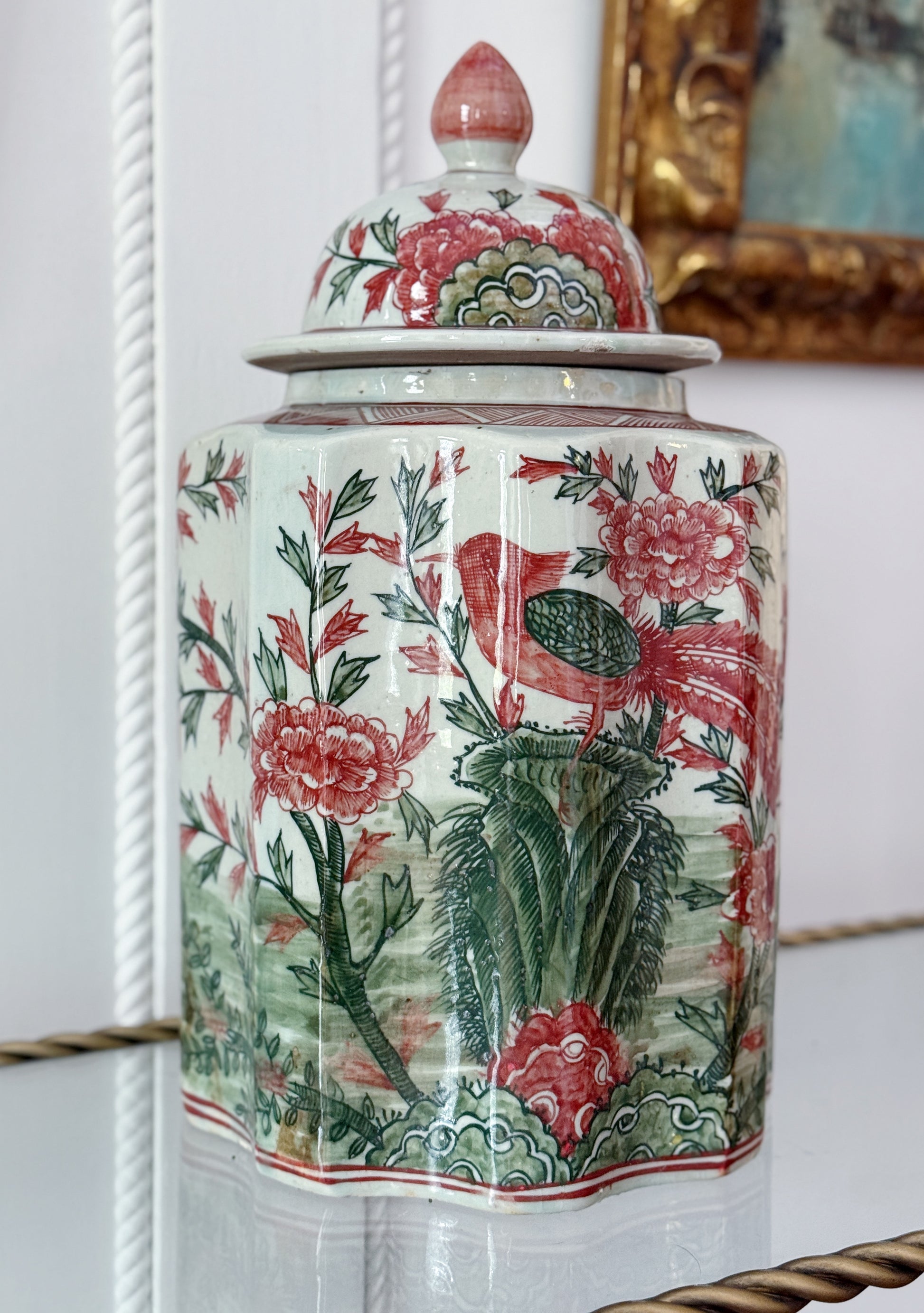 Hand-Painted Chinoiserie Ginger Jar with Bird & Floral Motif