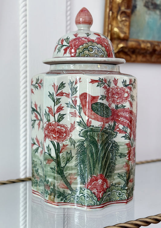 Hand-Painted Chinoiserie Ginger Jar with Bird & Floral Motif