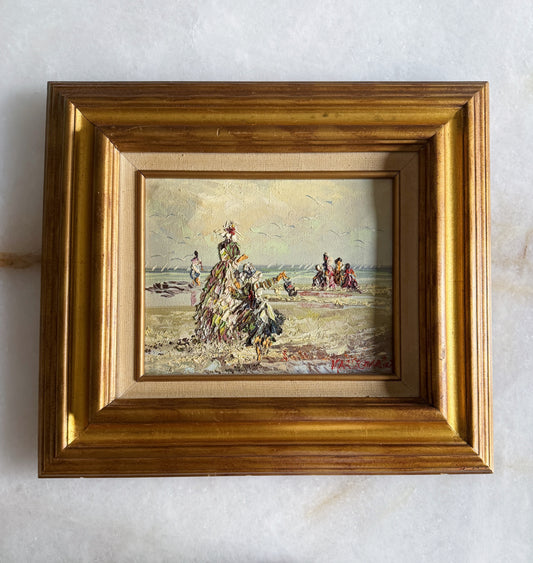Vintage Framed Oil Painting - Victorian Beach Scene