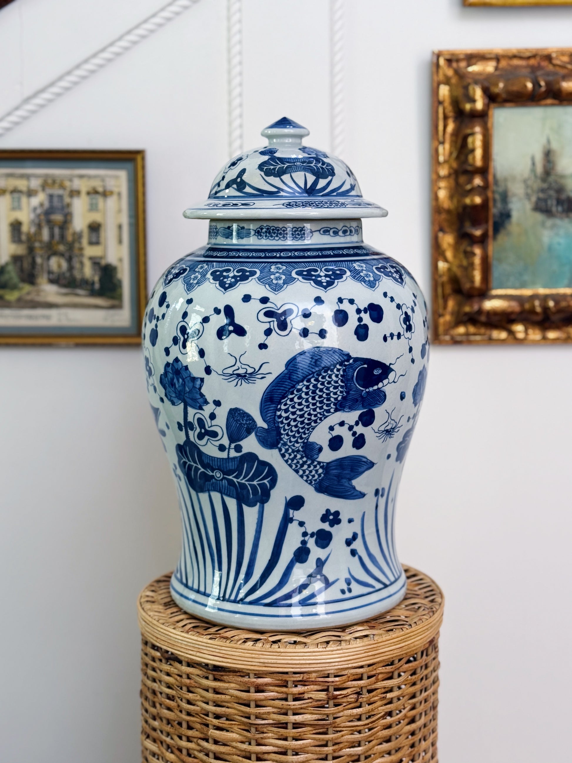Large Blue & White River Fish and Floral Temple Jar