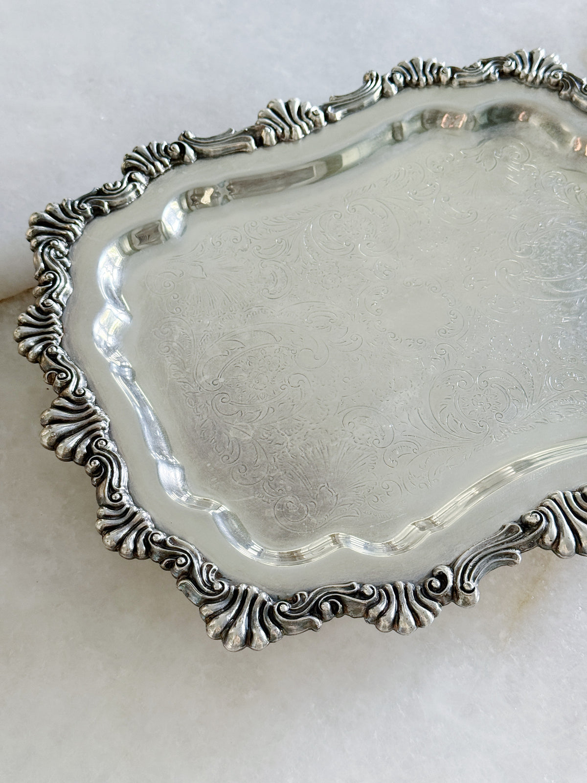 Vintage Etched Silver Footed Rectangle Tray