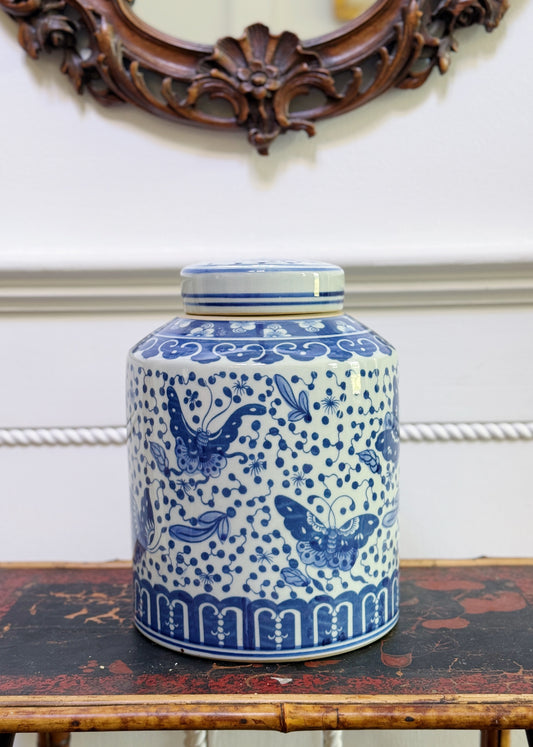 Hand Painted Blue & White Butterfly Tea Canister