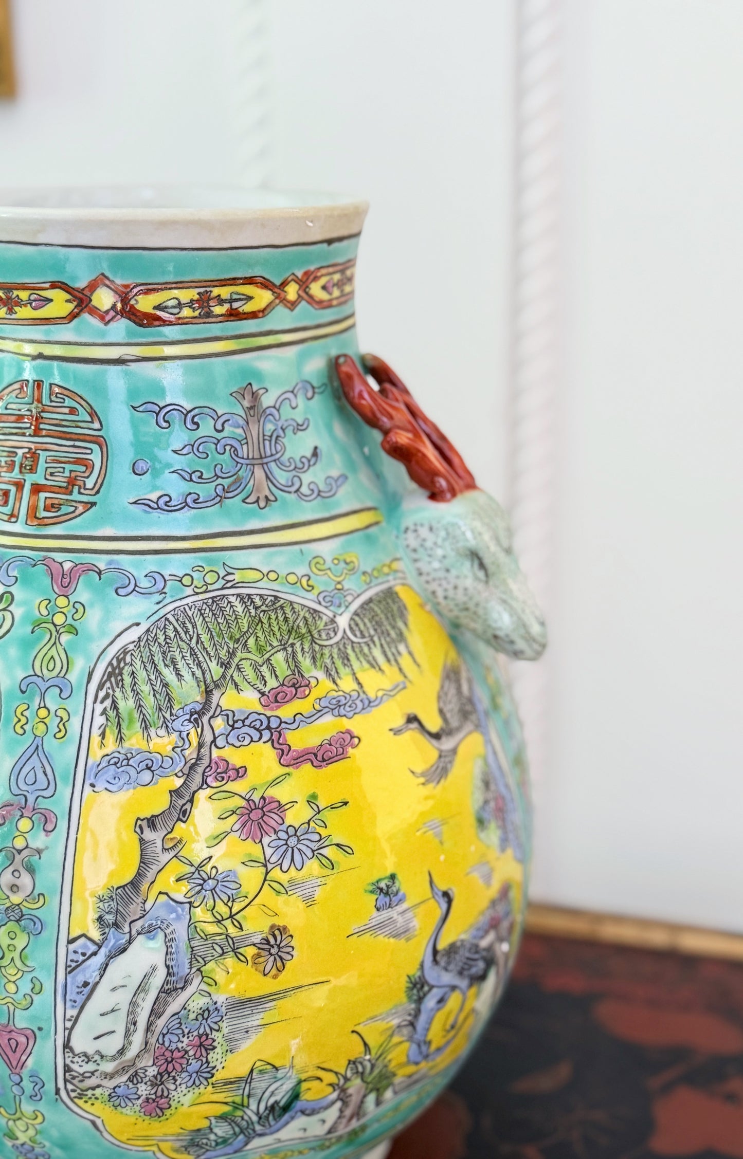 Hand Painted Crane and Tiger Porcelain Vase