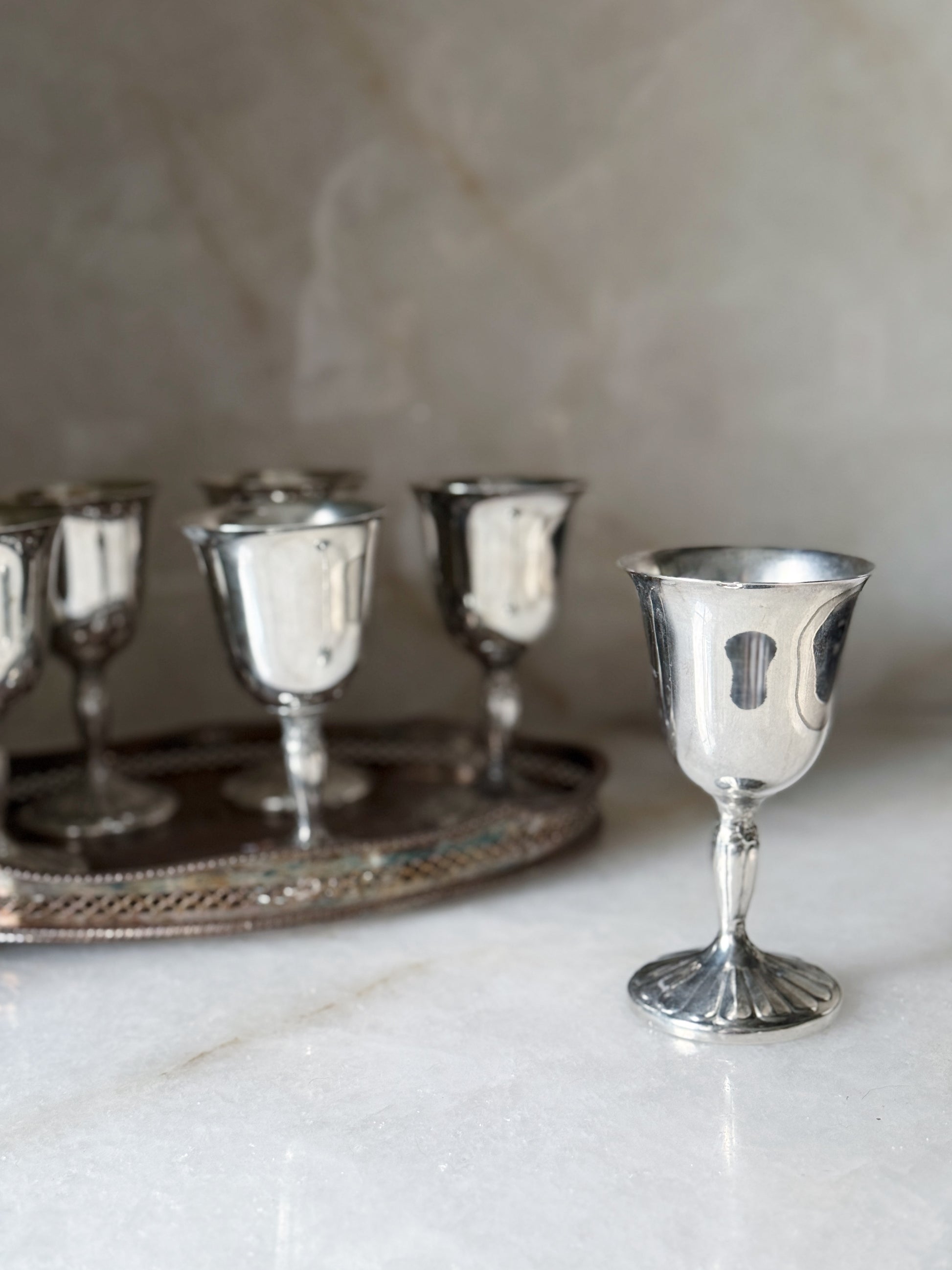 Set of Six Vintage Silver Wine Goblets with Scalloped Detail