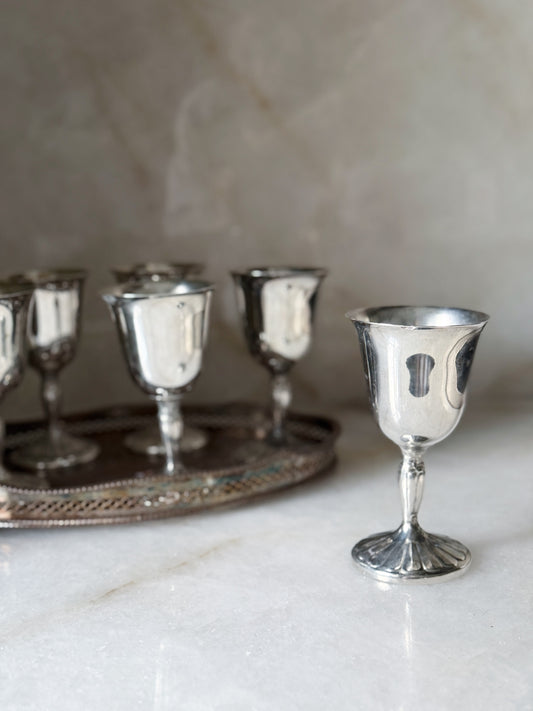 Set of Six Vintage Silver Wine Goblets with Scalloped Detail