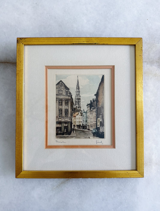 Vintage Framed Hand-Colored Etching of Brussels | European Architectural Wall Art