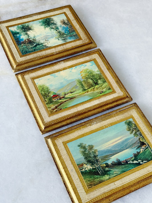 Vintage Italian Florentine Gilt Wood Landscape Plaques, Set of 3 | Framed Scenic Wall Art