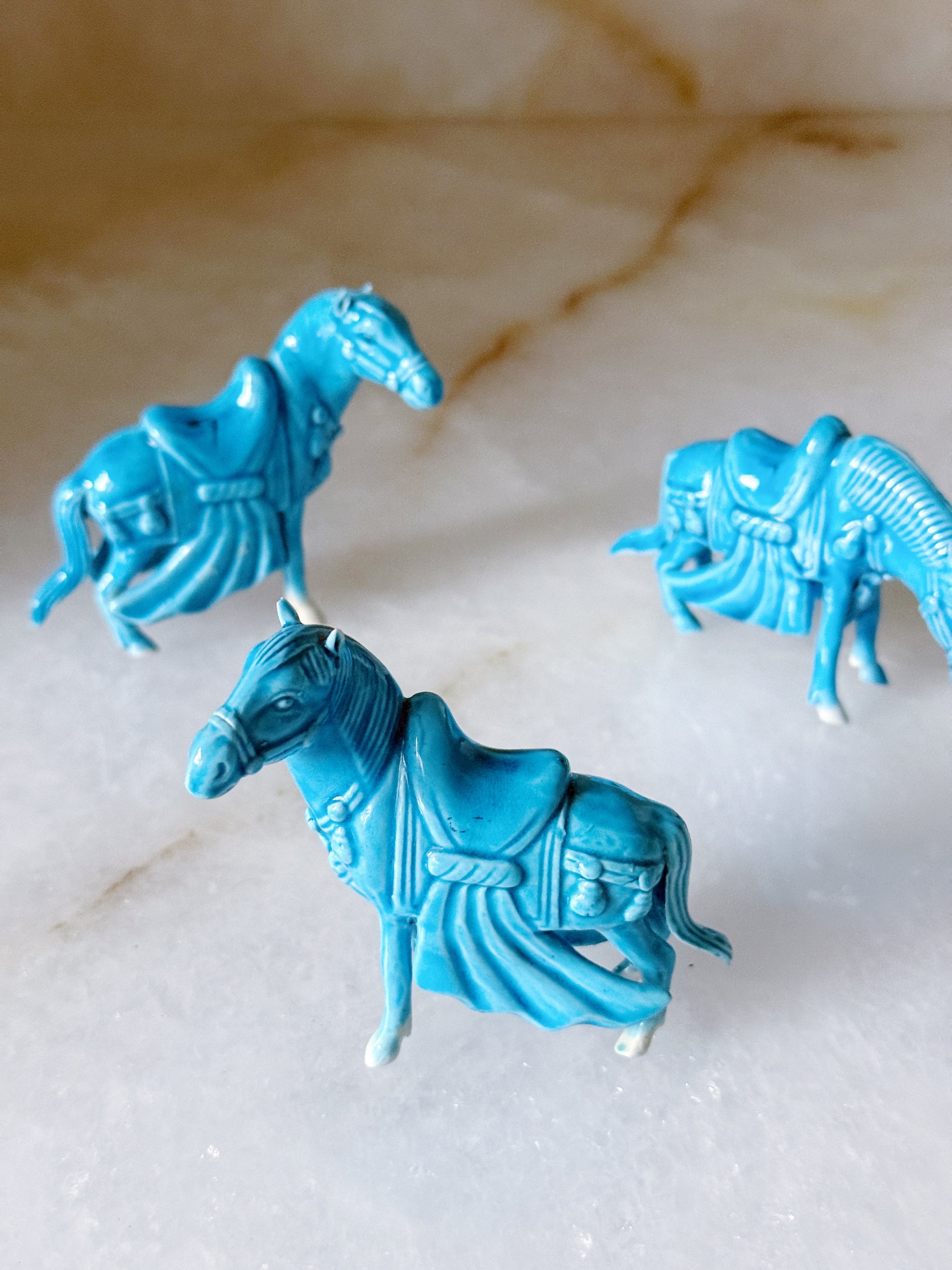 Vintage Turquoise Ceramic Tang Horse Figurines – Set of 3