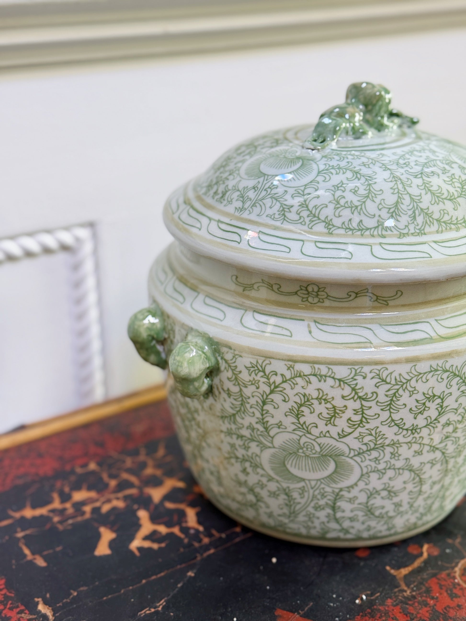 Green & White Hand Painted Serving Dish