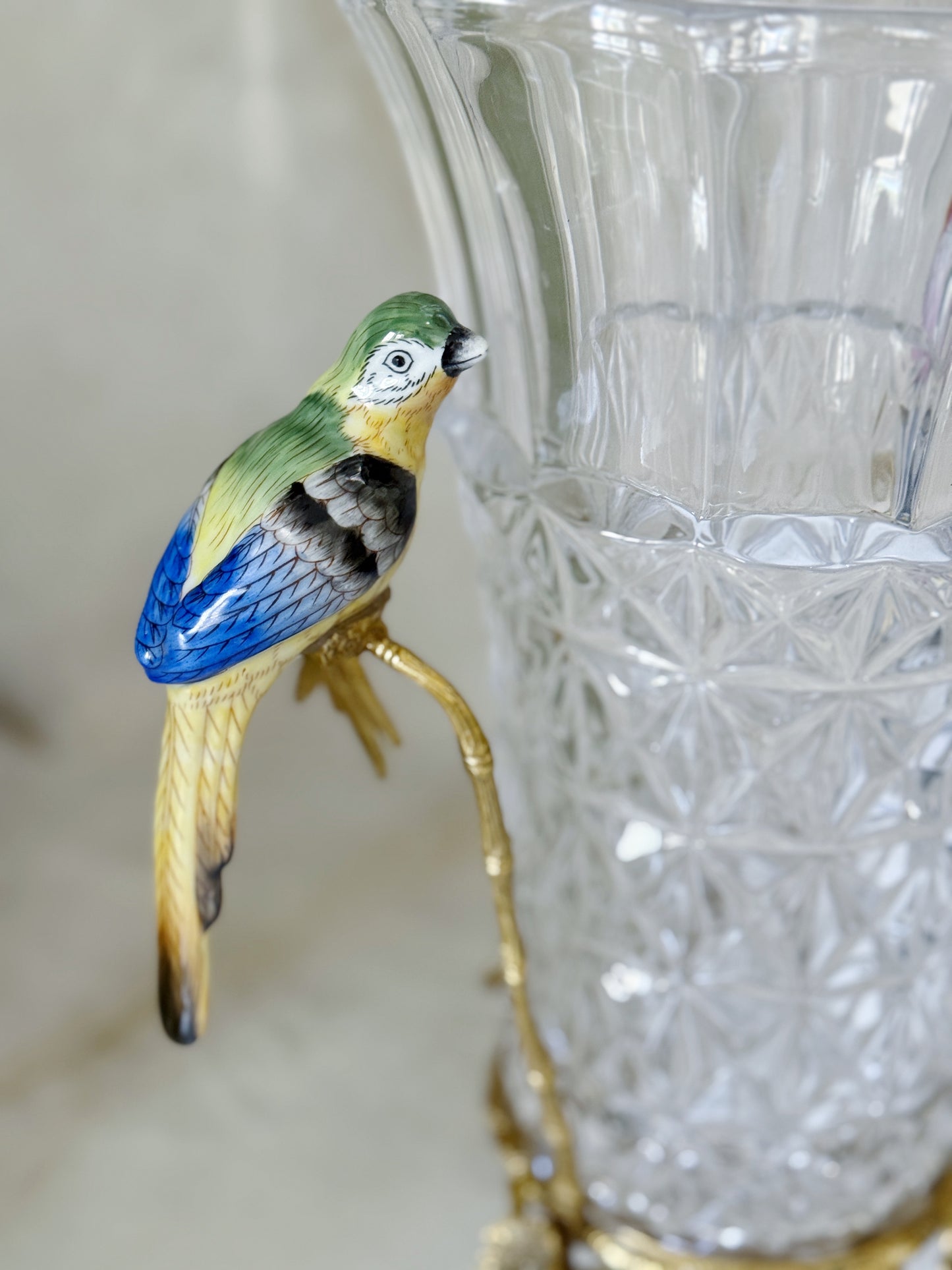 Crystal Vase with Bronze Ormolu Mount and Hand-Painted Porcelain Bird Handles