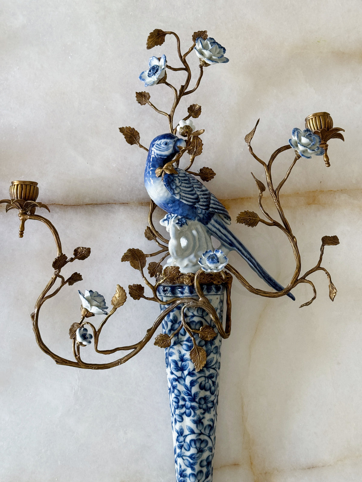 Blue & White Porcelain Bird Wall Sconces with Gilt Branches – Pair