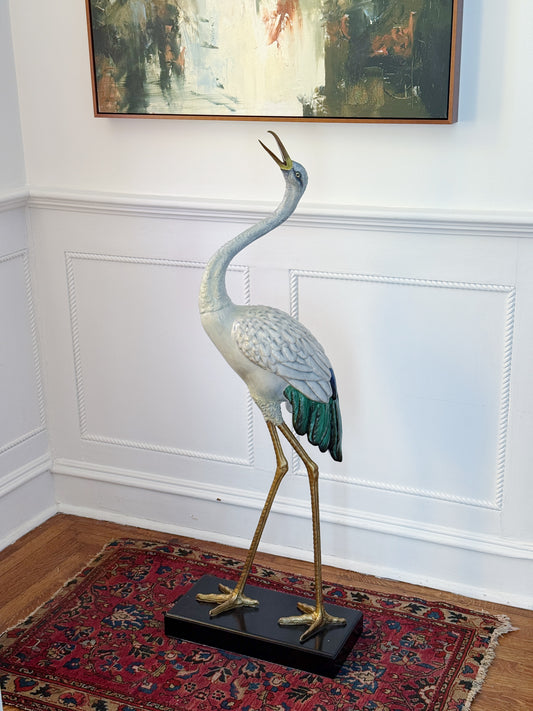 Tall Hand-Painted Porcelain Crane with Bronze Ormolu Base