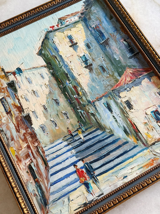 Vintage Framed Architectural Oil Painting | European Street Scene