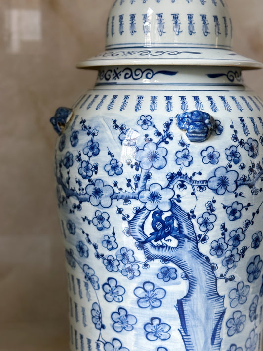 Large Blue & White Plum Blossom Floral Temple Jar