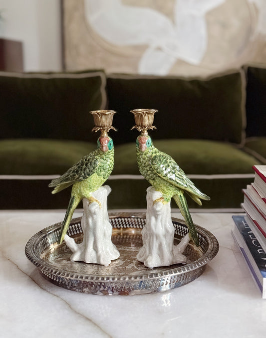 Pair of Green Hand Painted Parrot Candle Sticks