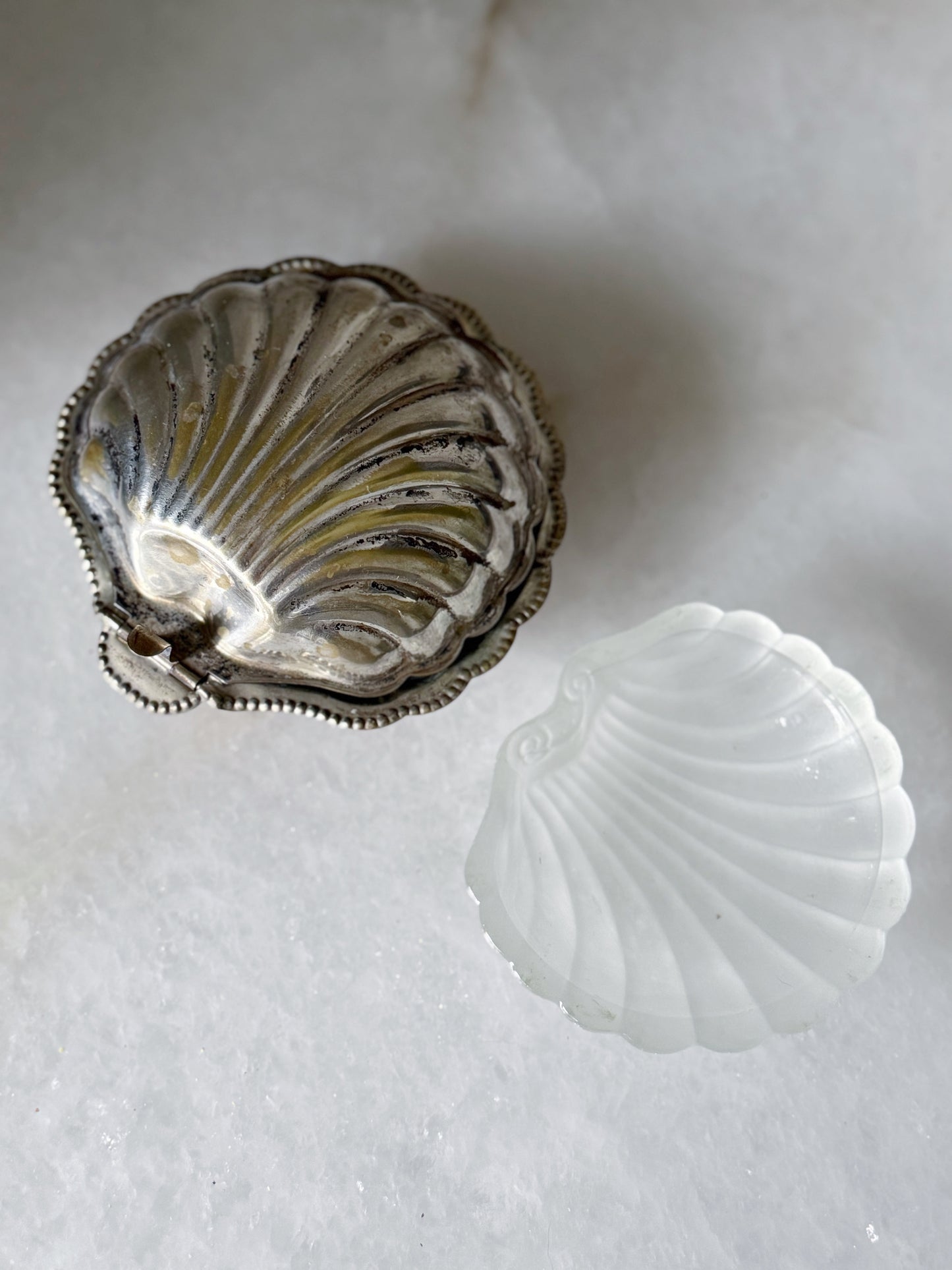 Vintage Silver Clamshell Caviar Dish with Glass Insert