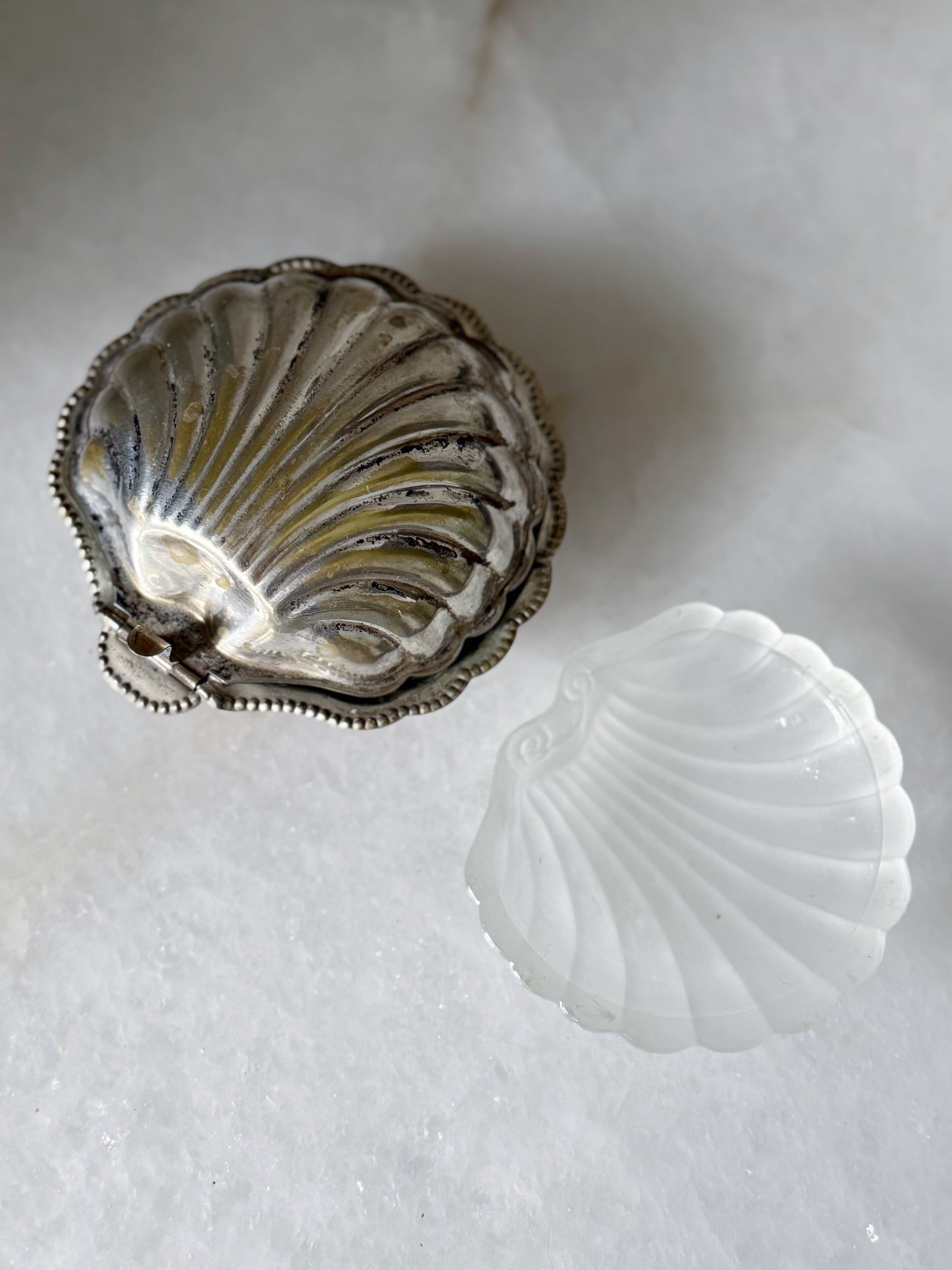 Vintage Silver Clamshell Caviar Dish with Glass Insert