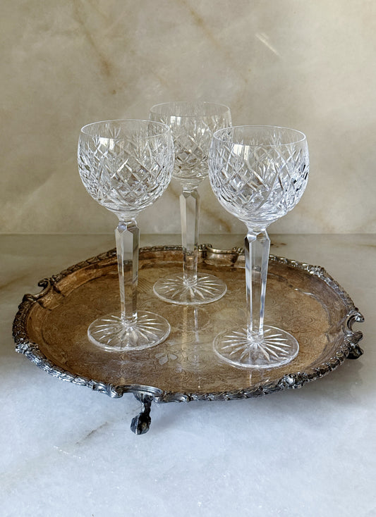 Vintage Waterford Donegal Cut Crystal Hock Wine Glasses – Set of 3 on a vintage silver serving tray