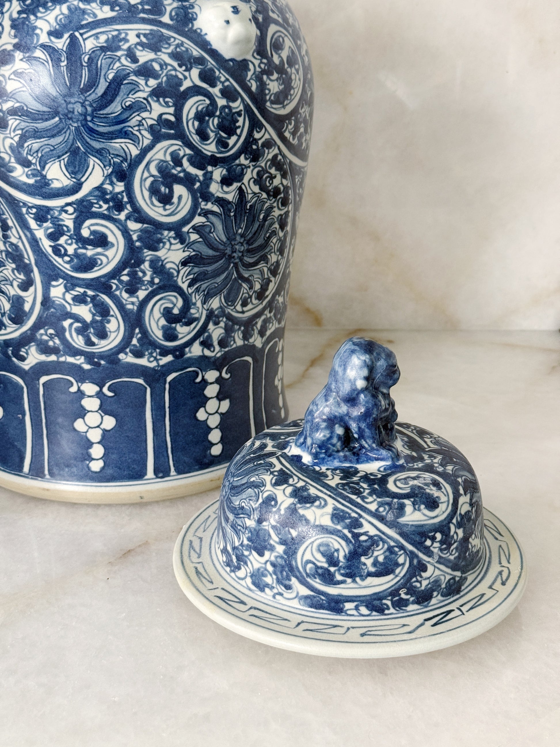 Large Blue & White Chinoiserie Scrolling Lotus Temple Jar