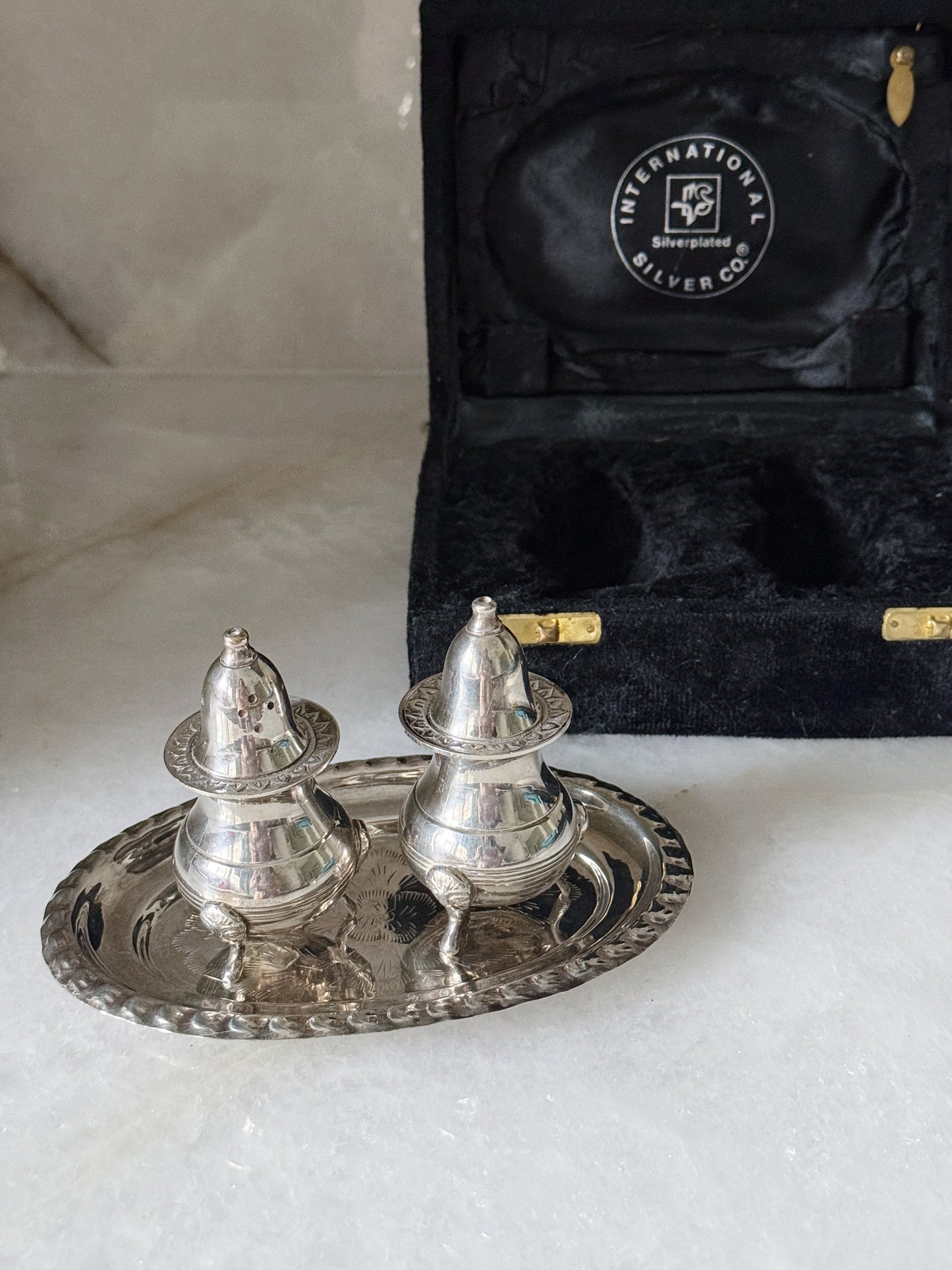 Vintage Silver Salt & Pepper Shaker Set with Tray & Original Box