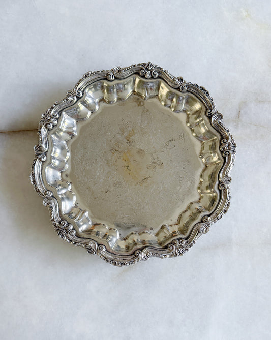 Vintage Silver Round Footed Serving Tray with Embossed Center - 12"