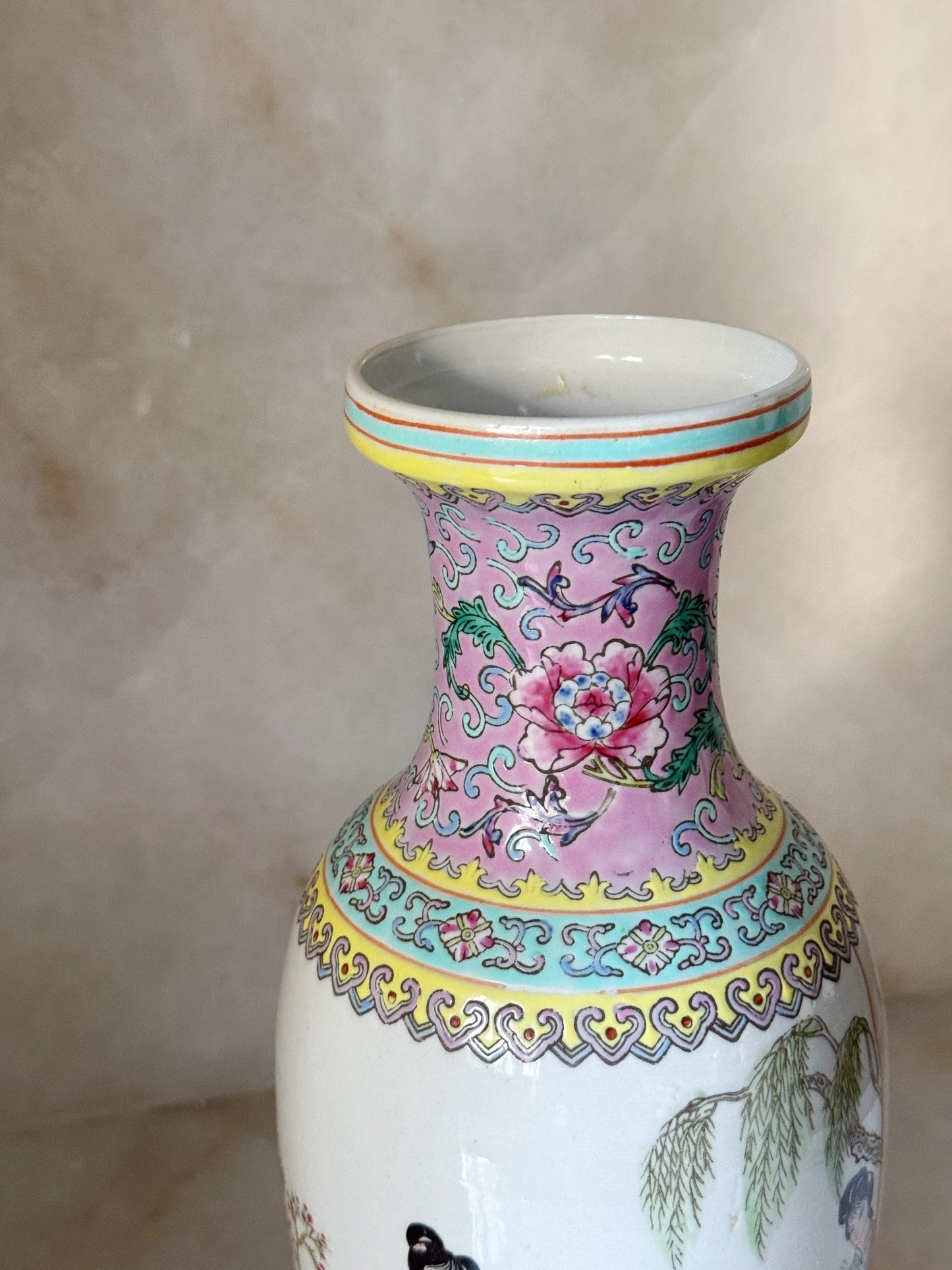 Vintage Famille Rose Style Chinese Porcelain Vase | Hand-Painted Figural Scene | 12”