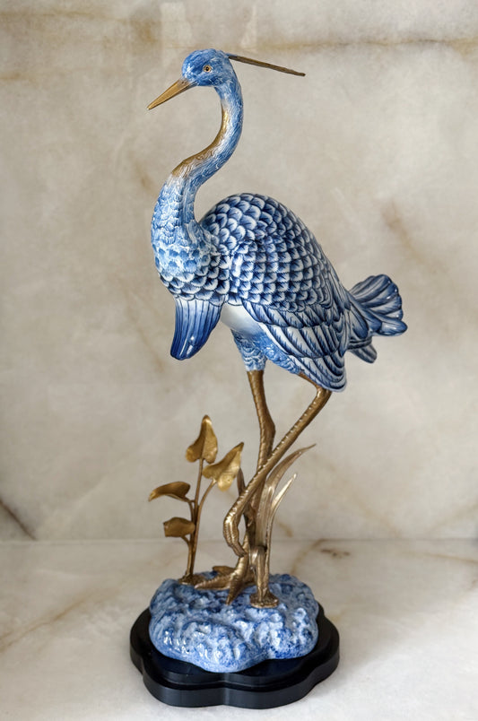 Large Blue & White Porcelain Egret Sculpture