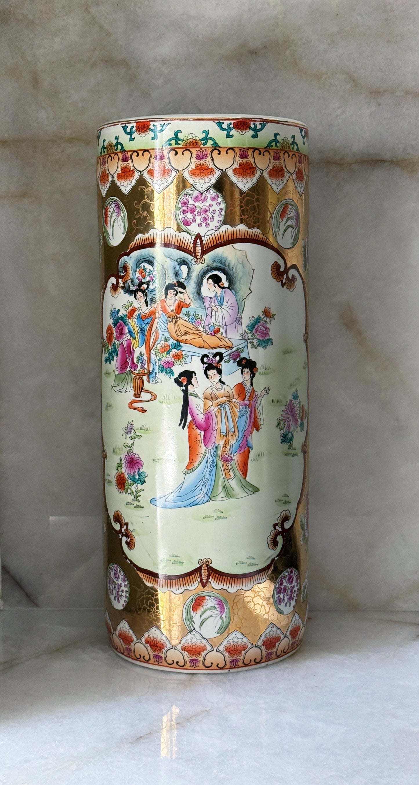 Vintage Hand-Painted Chinoiserie Porcelain Umbrella Stand