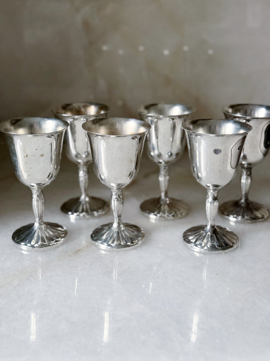 Set of Six Vintage Silver Wine Goblets with Scalloped Detail