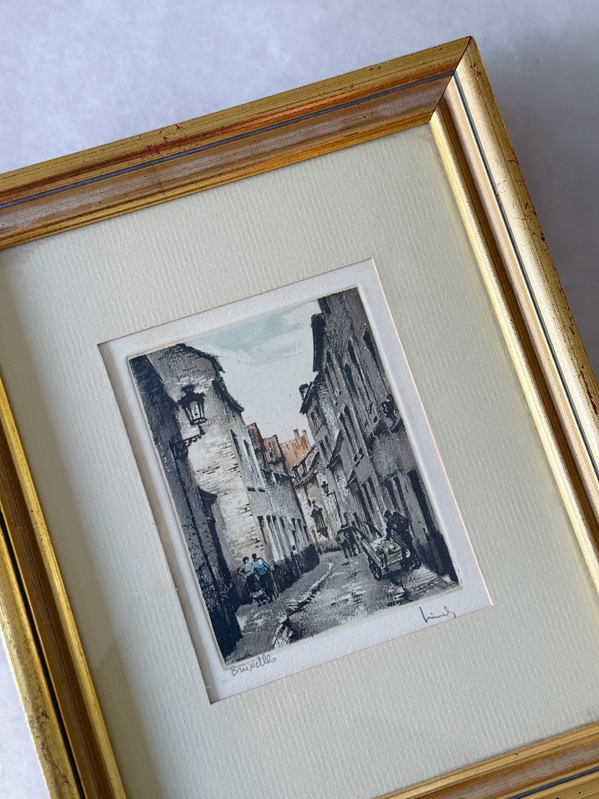 Vintage Framed European Street Scene Etching | Gilt Wood Wall Art
