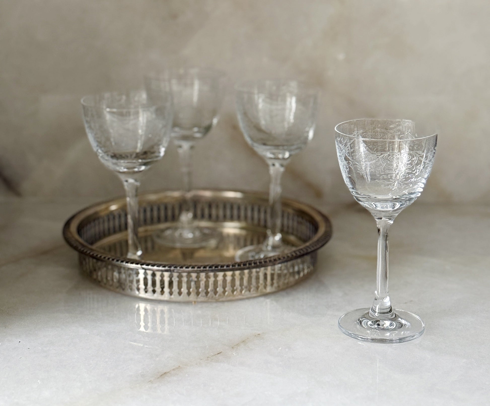‘Vintage Lace’ Nick & Nora Glasses on vintage silver serving tray 