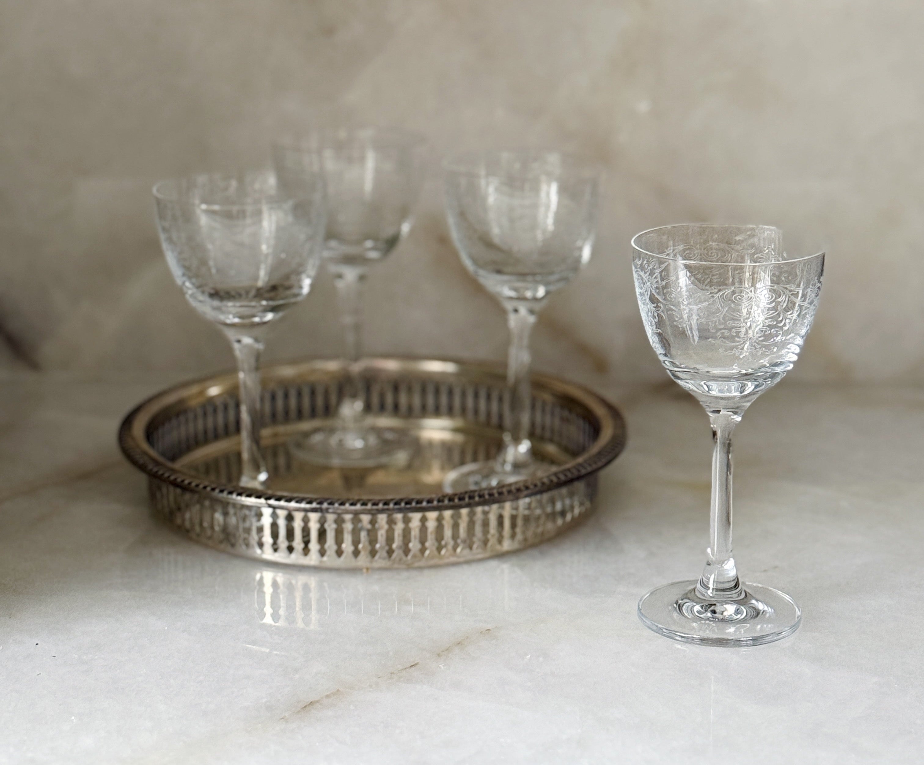 ‘Vintage Lace’ Nick & Nora Glasses on vintage silver serving tray 