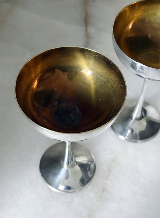 Vintage Silver Plate Champagne Coupes with Brass Interior | Set of 2
