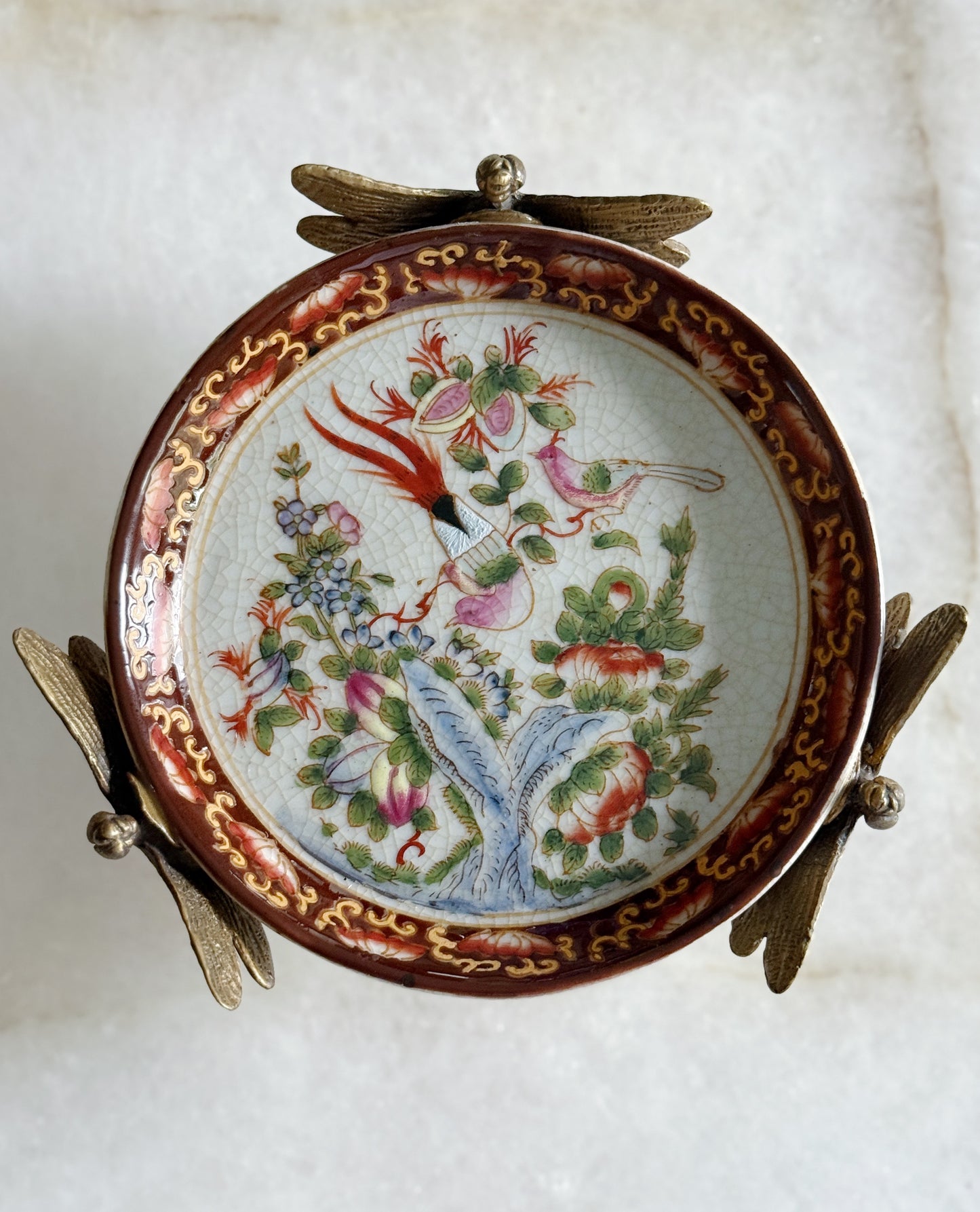 Floral & Bird Porcelain Dish with Bronze Dragonfly Accents