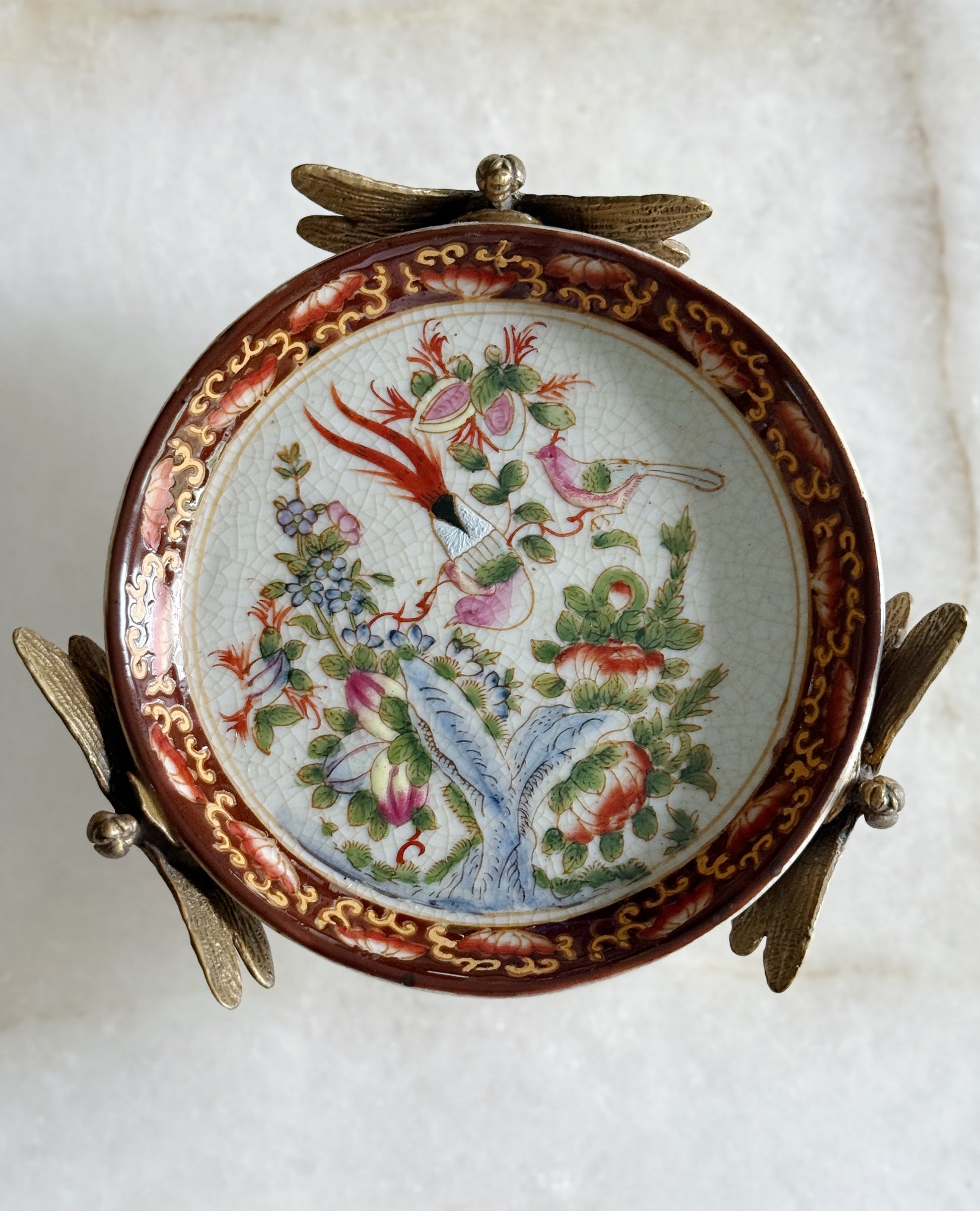 Floral & Bird Porcelain Dish with Bronze Dragonfly Accents