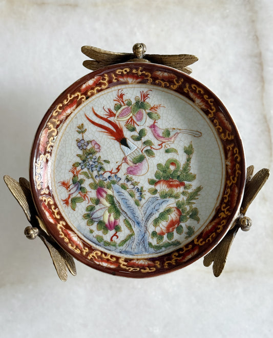 Floral & Bird Porcelain Dish with Bronze Dragonfly Accents