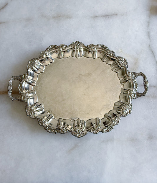 Large vintage silver footed serving tray with etched design