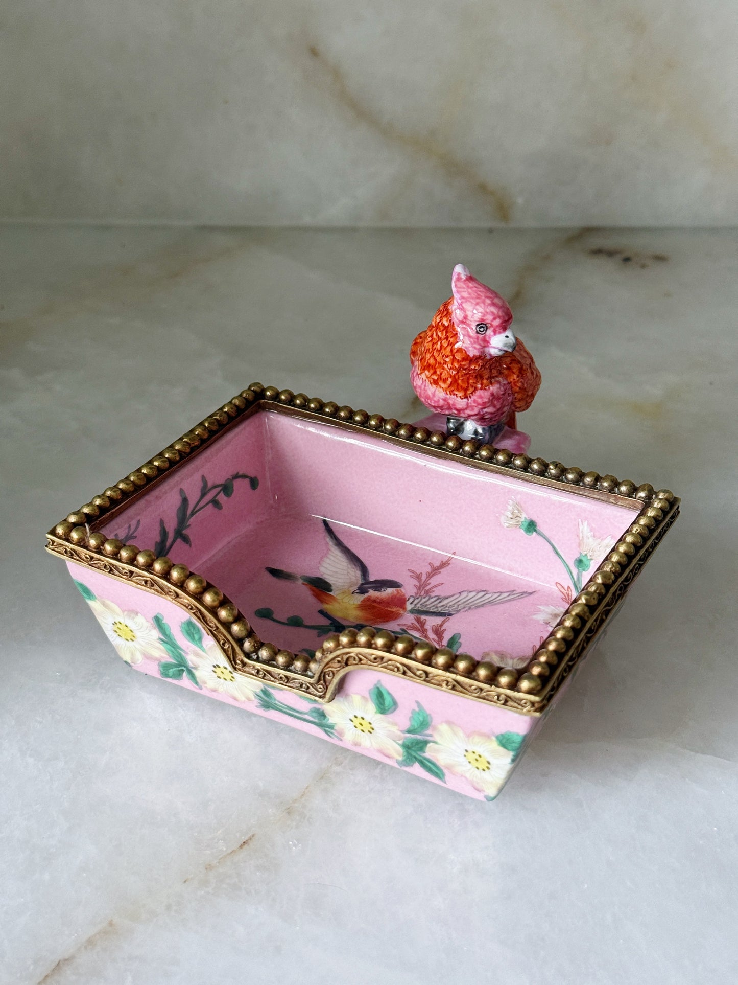 Hand Painted Pink Bird Dish with Bronze Ormolu