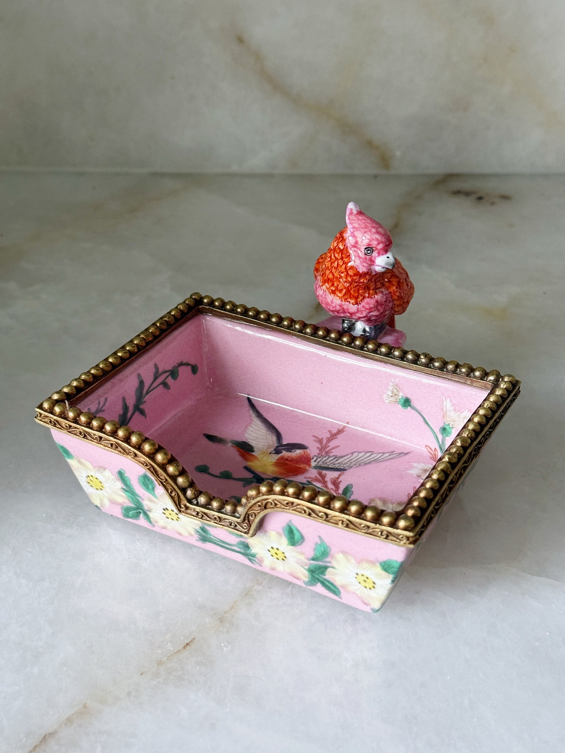 Hand Painted Pink Bird Dish with Bronze Ormolu