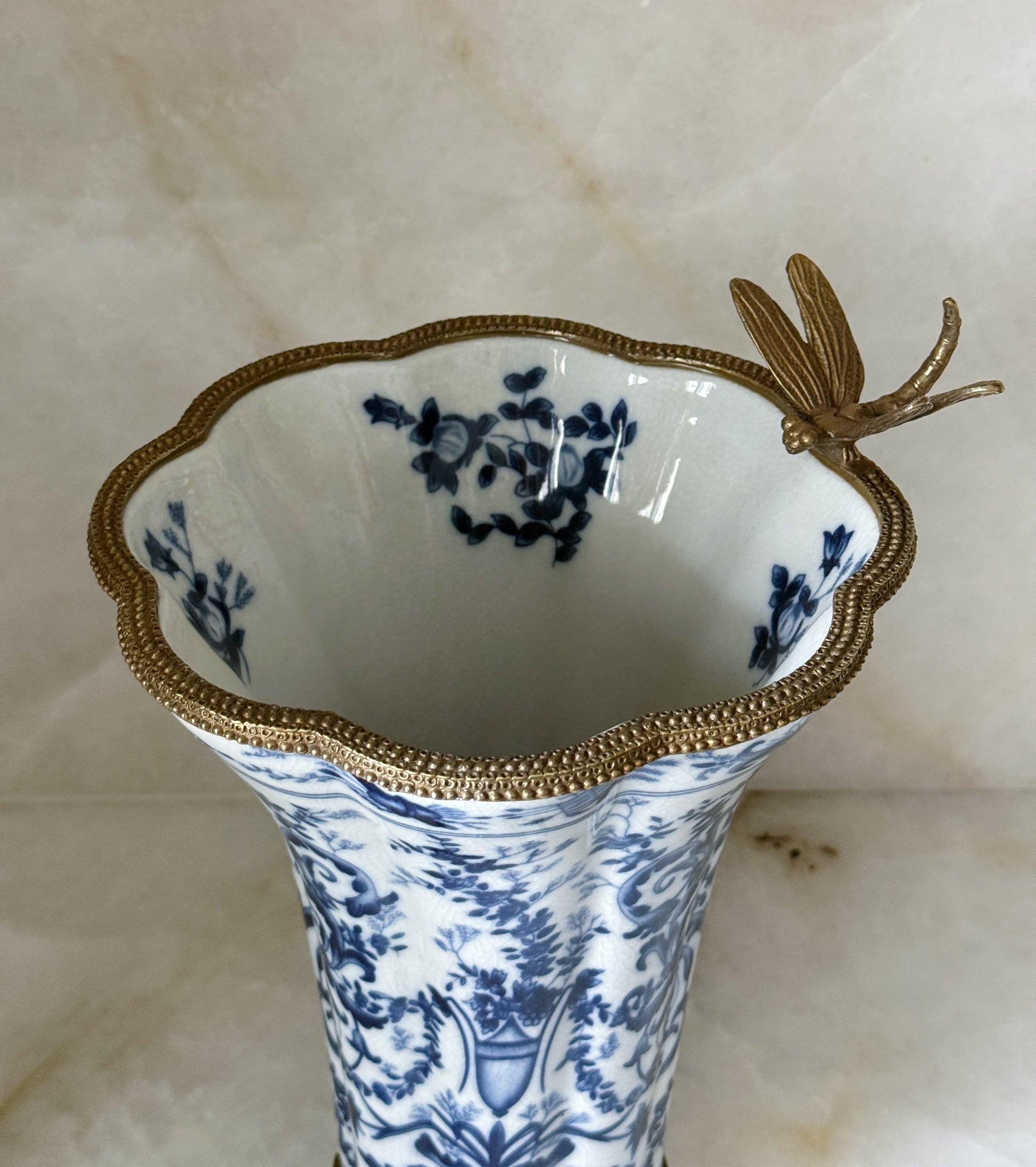 Blue & White Porcelain Vase with Bronze Ormolu Dragonfly Detail
