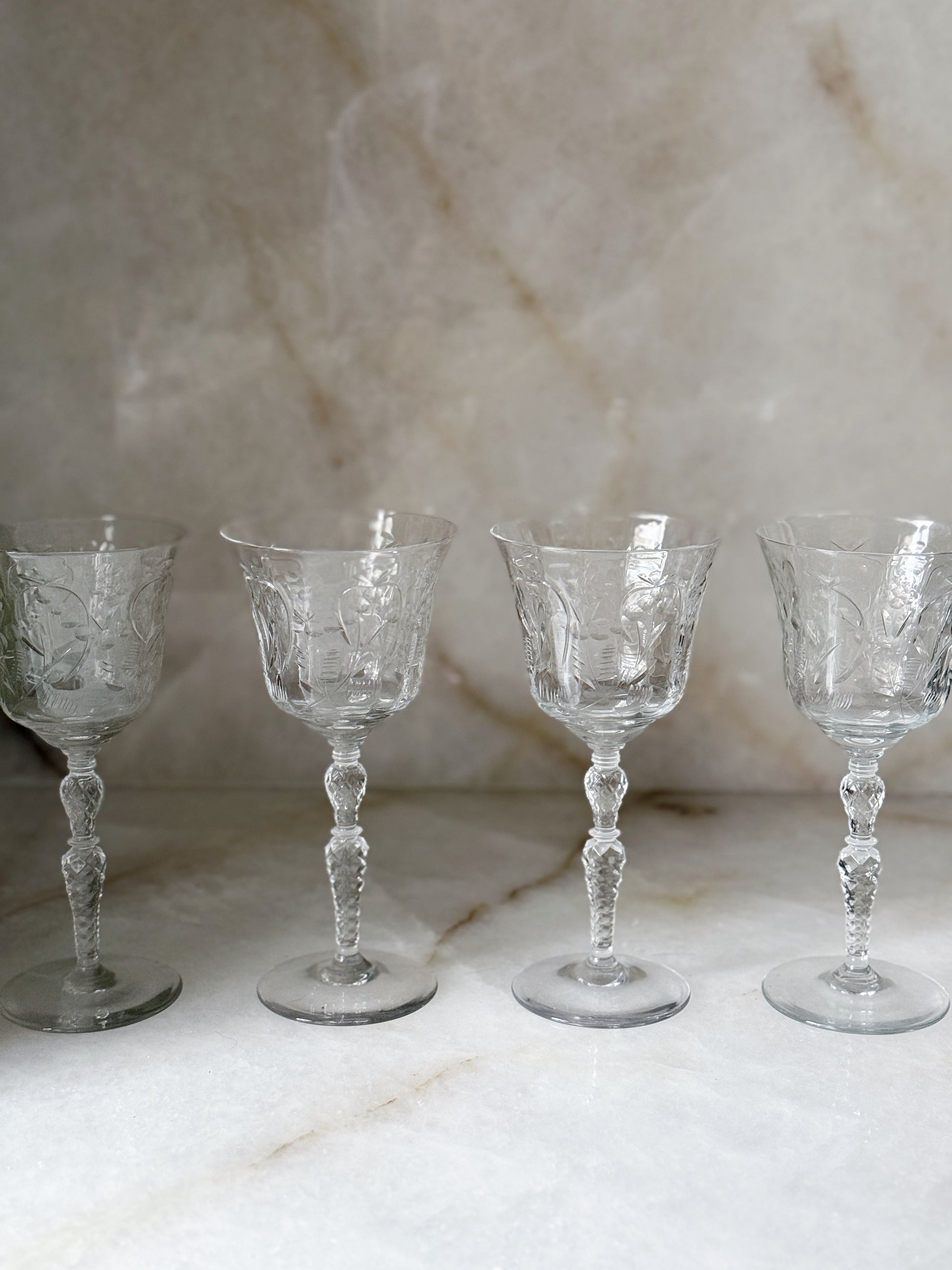 Vintage Crystal Etched Wine Glasses 