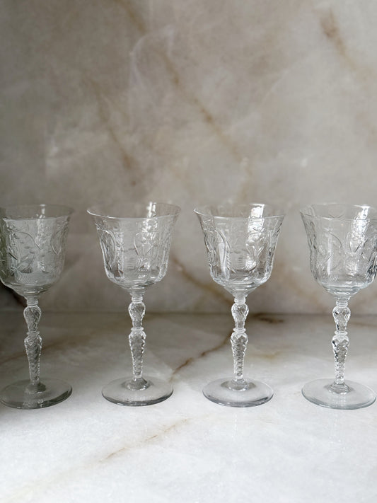 Vintage Crystal Etched Wine Glasses 