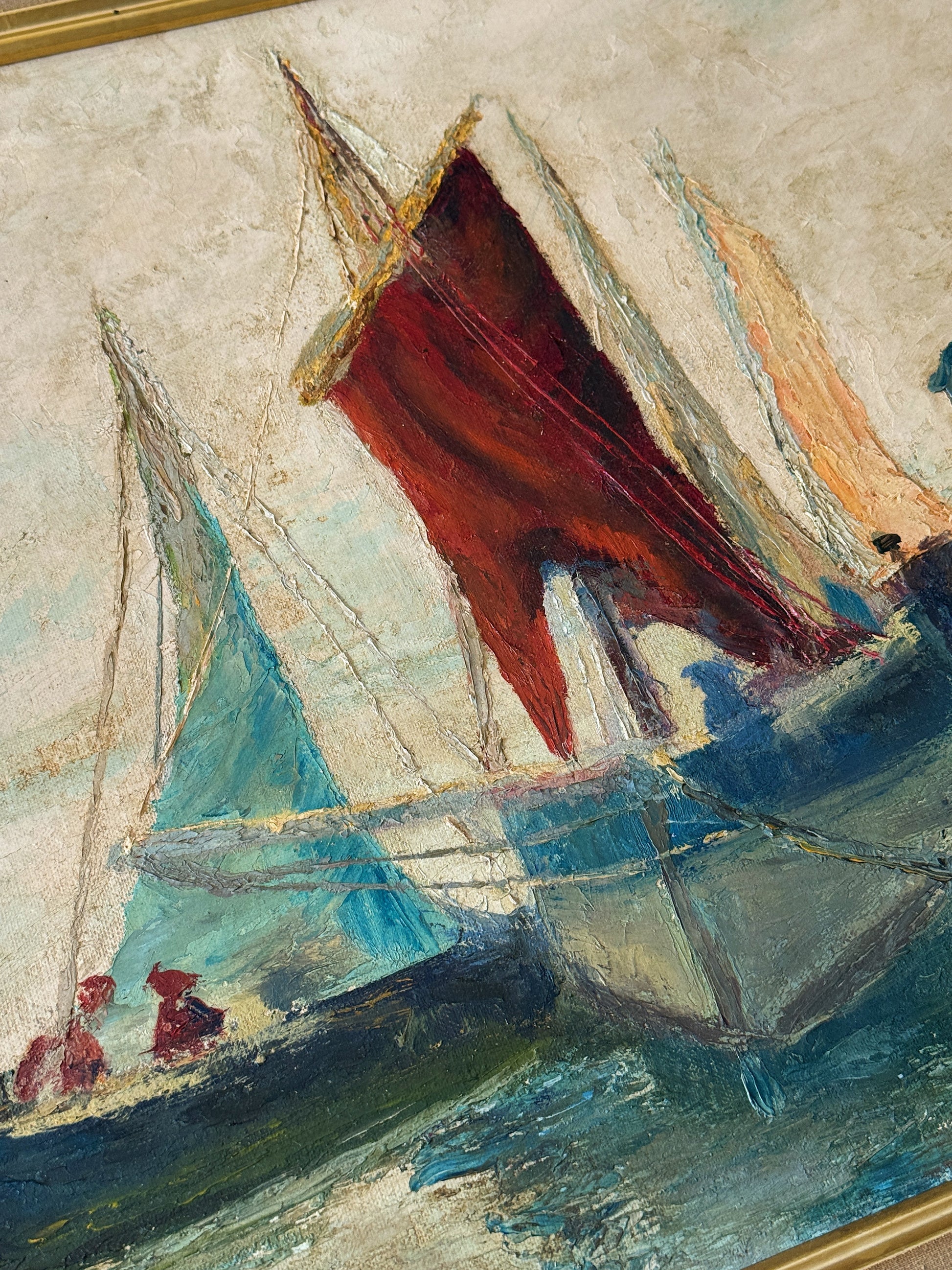 Vintage European Harbor Oil Painting in Wood & Linen Frame | Textured Coastal Seascape