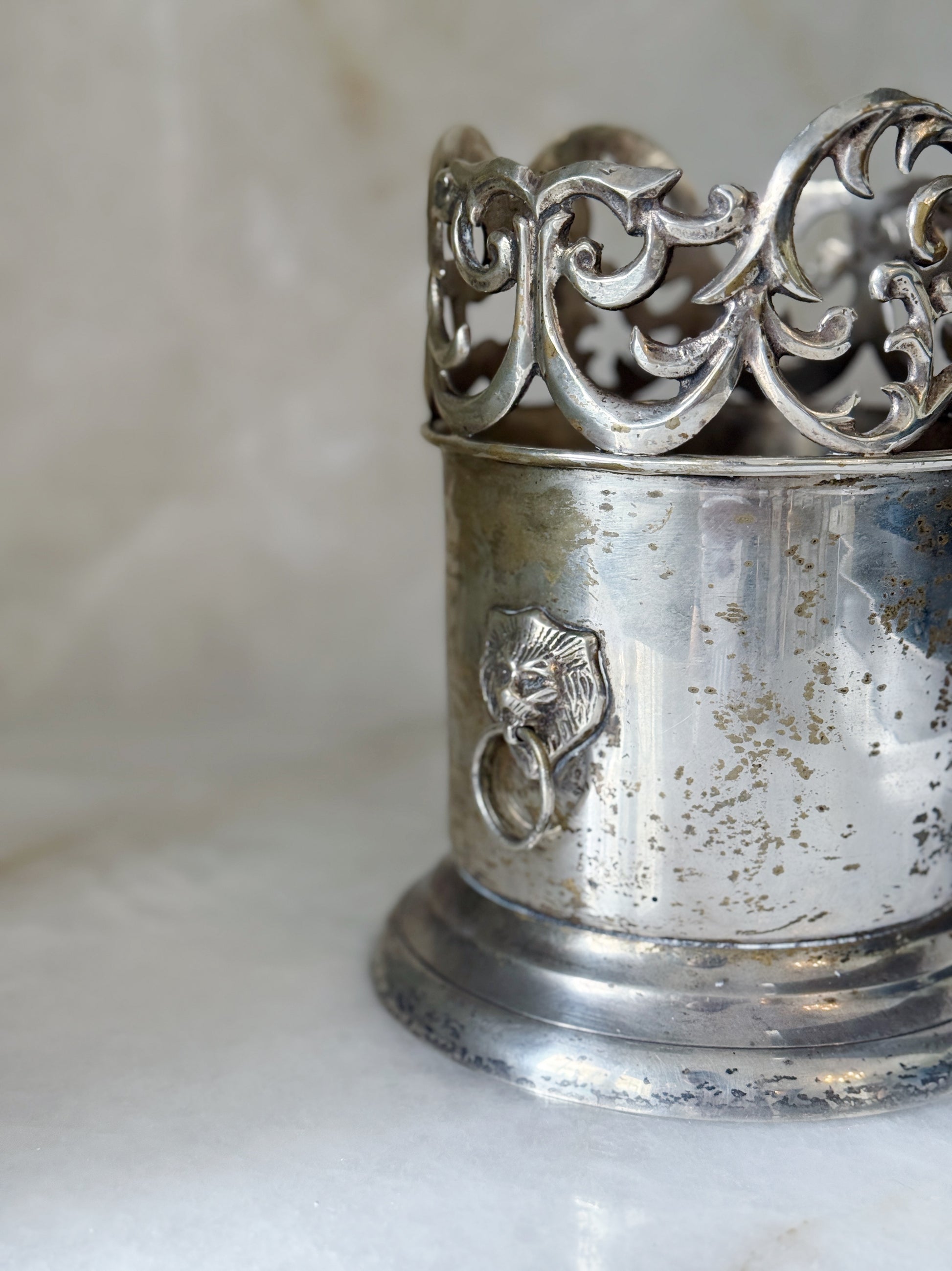 Vintage Silver Wine Coaster with Lion's Head Handles