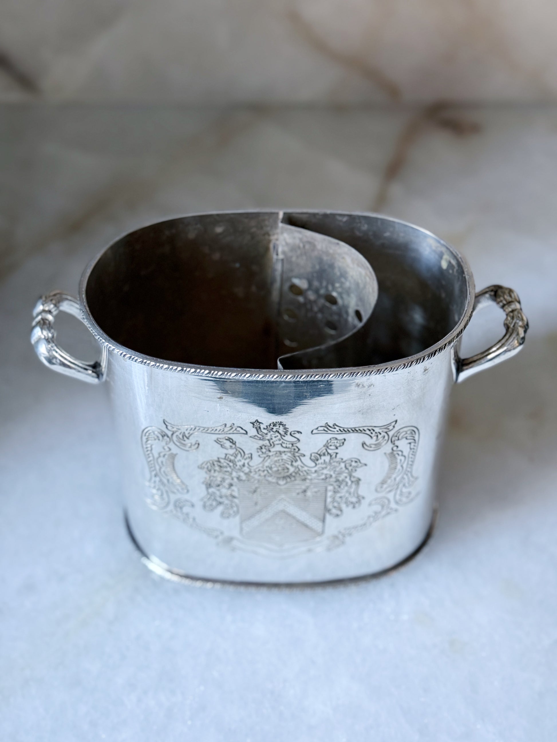 Vintage Silver Wine Cooler with Engraved Crest