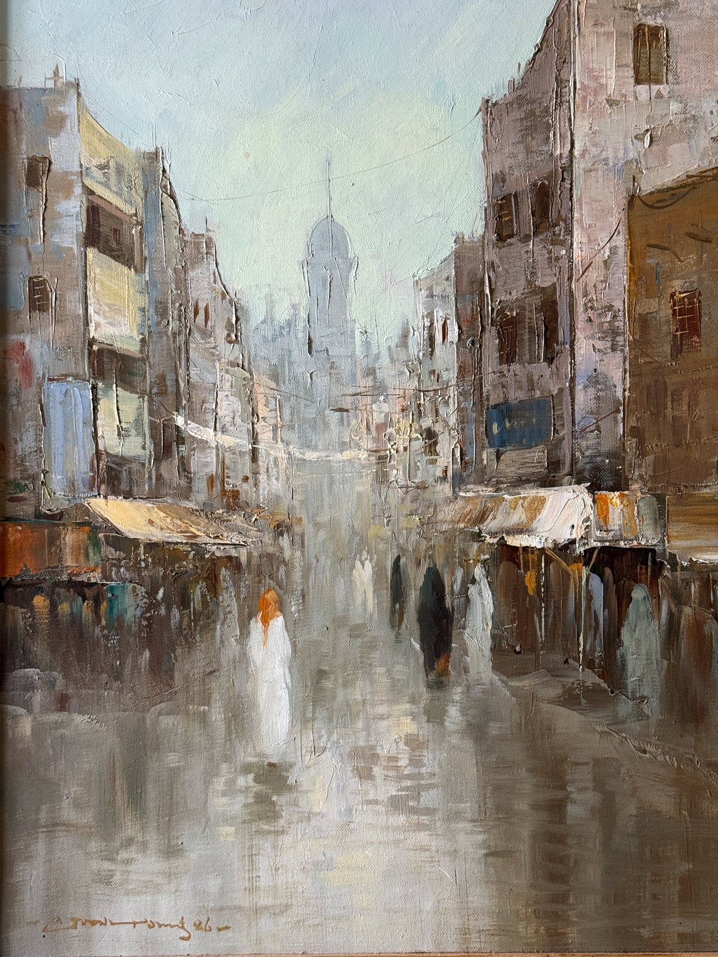 Vintage Framed Oil Painting – Impressionist City Scene