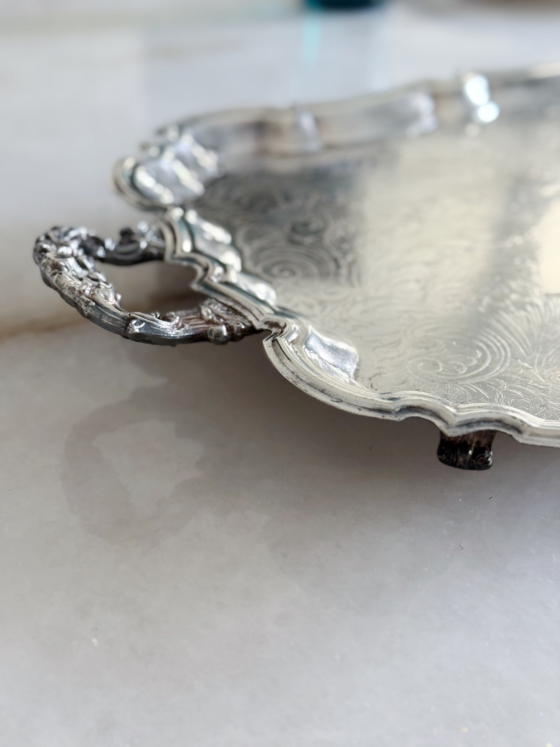 Large Vintage Silver Embossed Footed Serving Tray - 23”