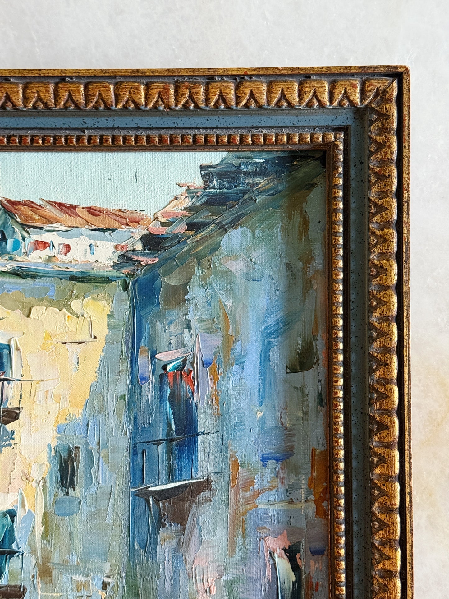 Vintage Framed Architectural Oil Painting | European Street Scene
