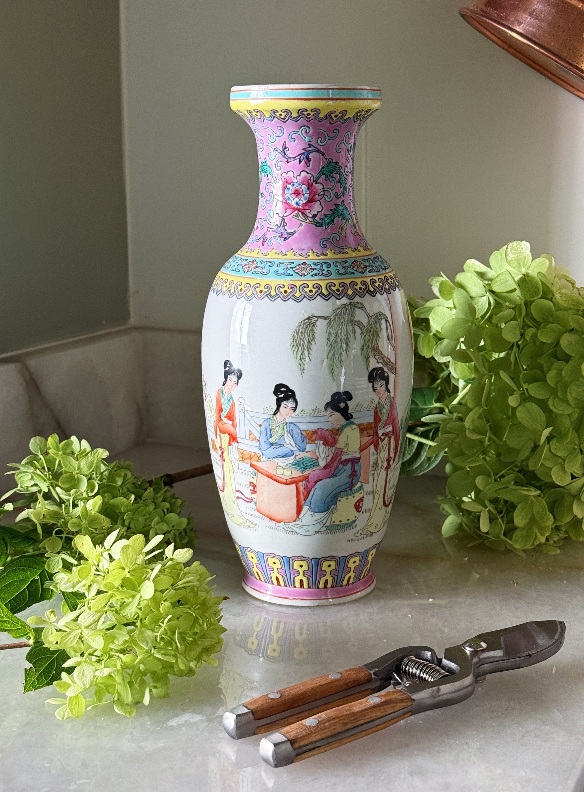 Vintage Famille Rose Style Chinese Porcelain Vase | Hand-Painted Figural Scene | 12”